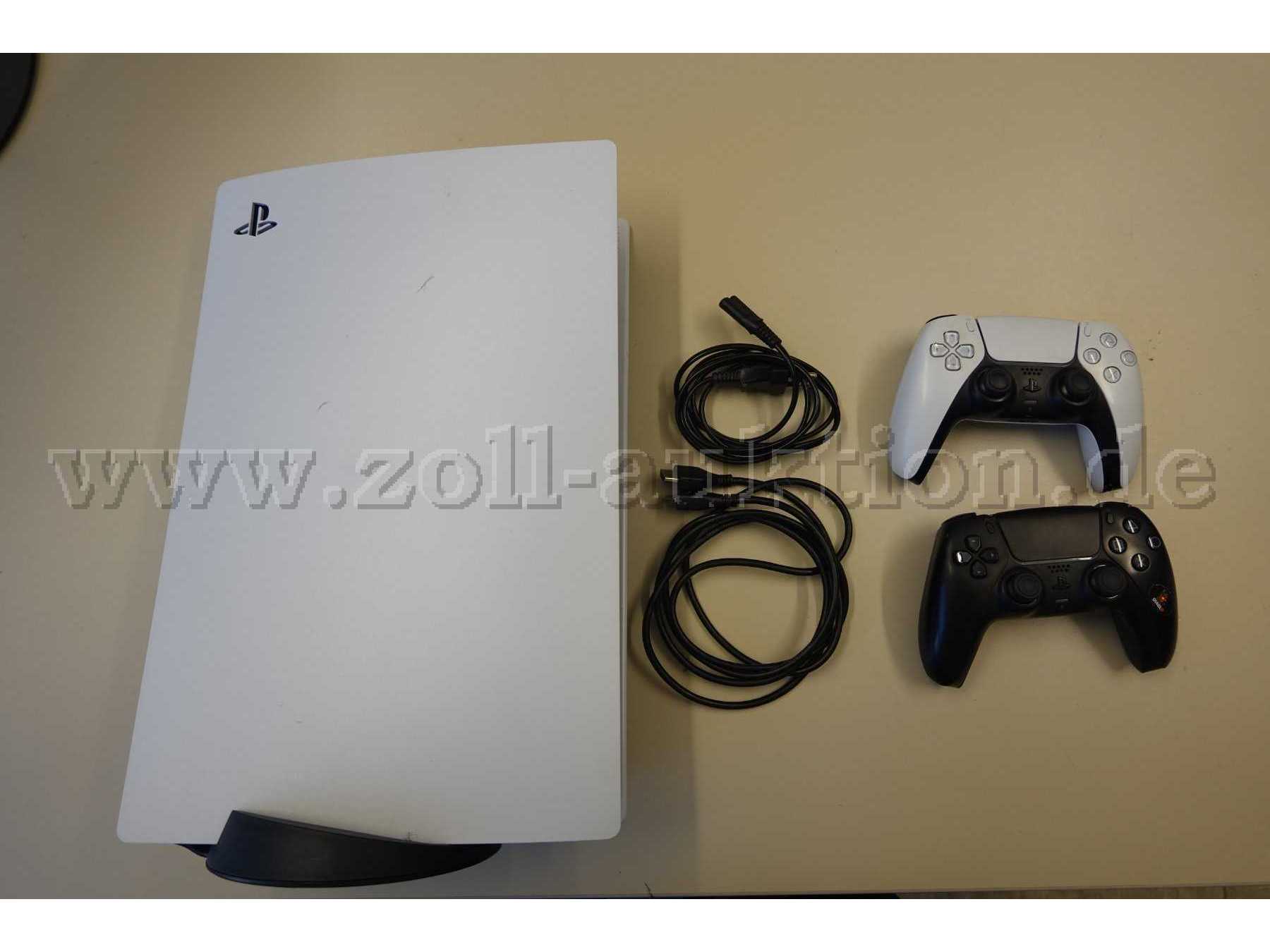 1 Playstation 5, weiß, mit Stand Fuß, 1 Netzkabel, 1 HDMI-Kabel, 1 Controller weiß und 1 Controller schwarz, gebraucht.