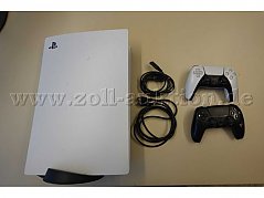 1 Playstation 5, weiß, mit Stand Fuß, 1 Netzkabel, 1 HDMI-Kabel, 1 Controller weiß und 1 Controller schwarz, gebraucht.