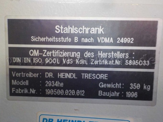 1 stalen kast / kluis van Dr. Heindl Tresore, model: 2934he (veiligheidsniveau B) – foto 3 – kavel bij Zoll-Auktion, Nürnberg