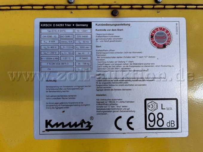 1 Stromerzeuger Kirsch Trier-Biewer Germany Knurz Kirsch (D+E) 8BVFE Nr.:12001 – foto 3 – kavel bij Zoll-Auktion, Dülmen