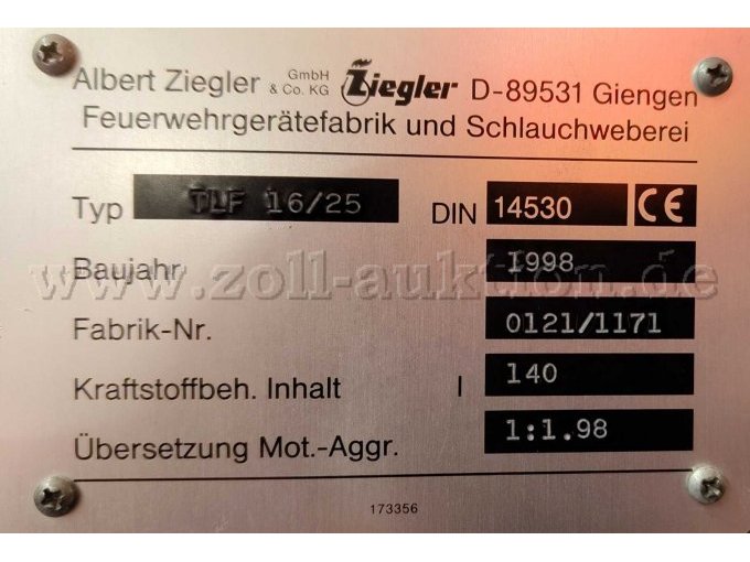 Typenschild feuerwehrtechnischer Aufbau