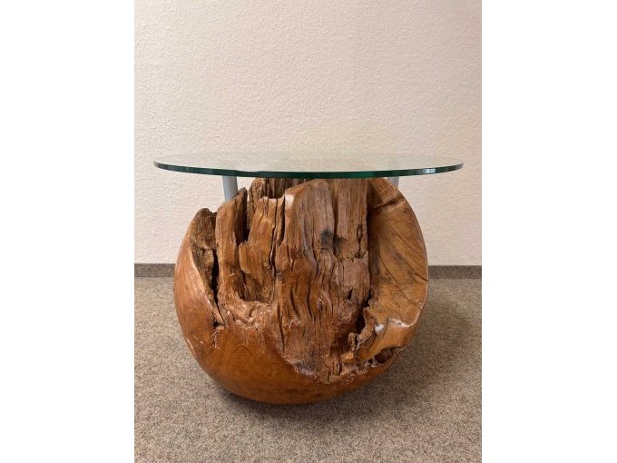 1 teakwortel - bolvormige tafel met glazen blad (tweedehands) – foto 2 – kavel bij Zoll-Auktion, Löbau