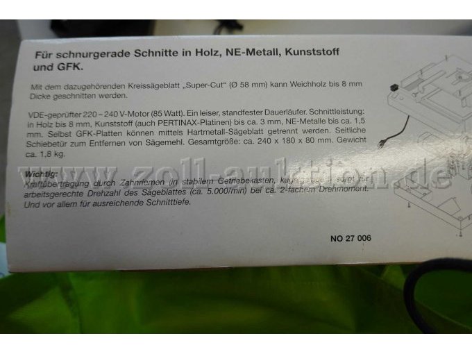 Tischkreissäge KS 230, Proxxon, gebraucht
Detailansicht Karton mit Beschreibung