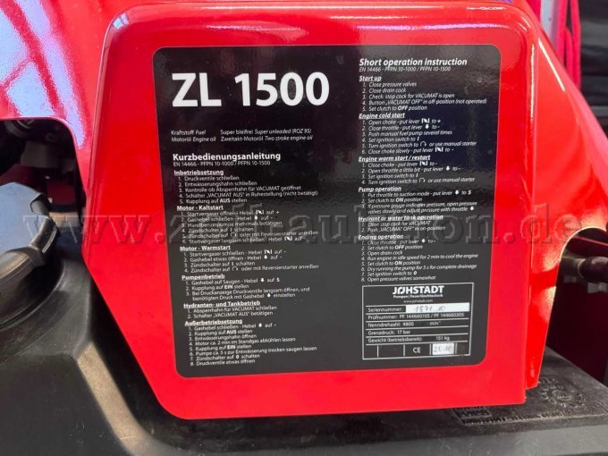 Jöhstadt ZL 1500 Typenschild mit technischen Daten und Kurzbedienungsanleitung
