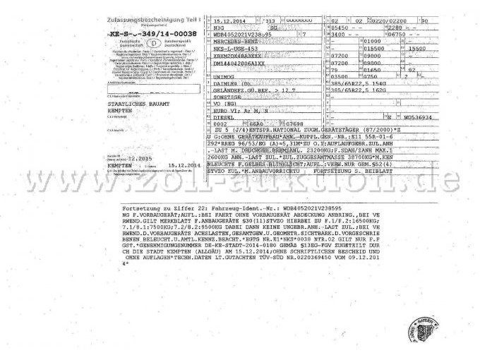 Unimog 530,
Zulassungsbescheinigung Teil 1