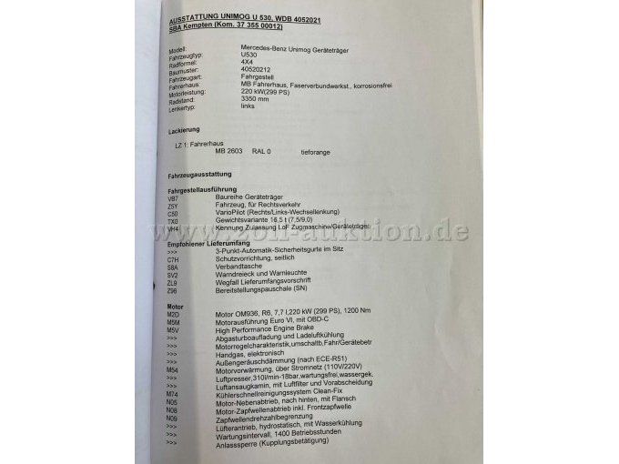 Unimog U 530, Fahrzeugbeschreibung Seite 1