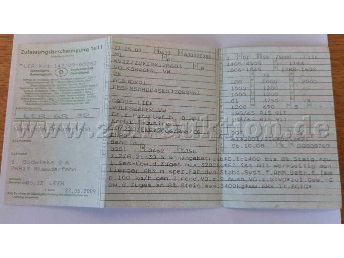 Zulassungsbescheinigun Teil I Vorderseite