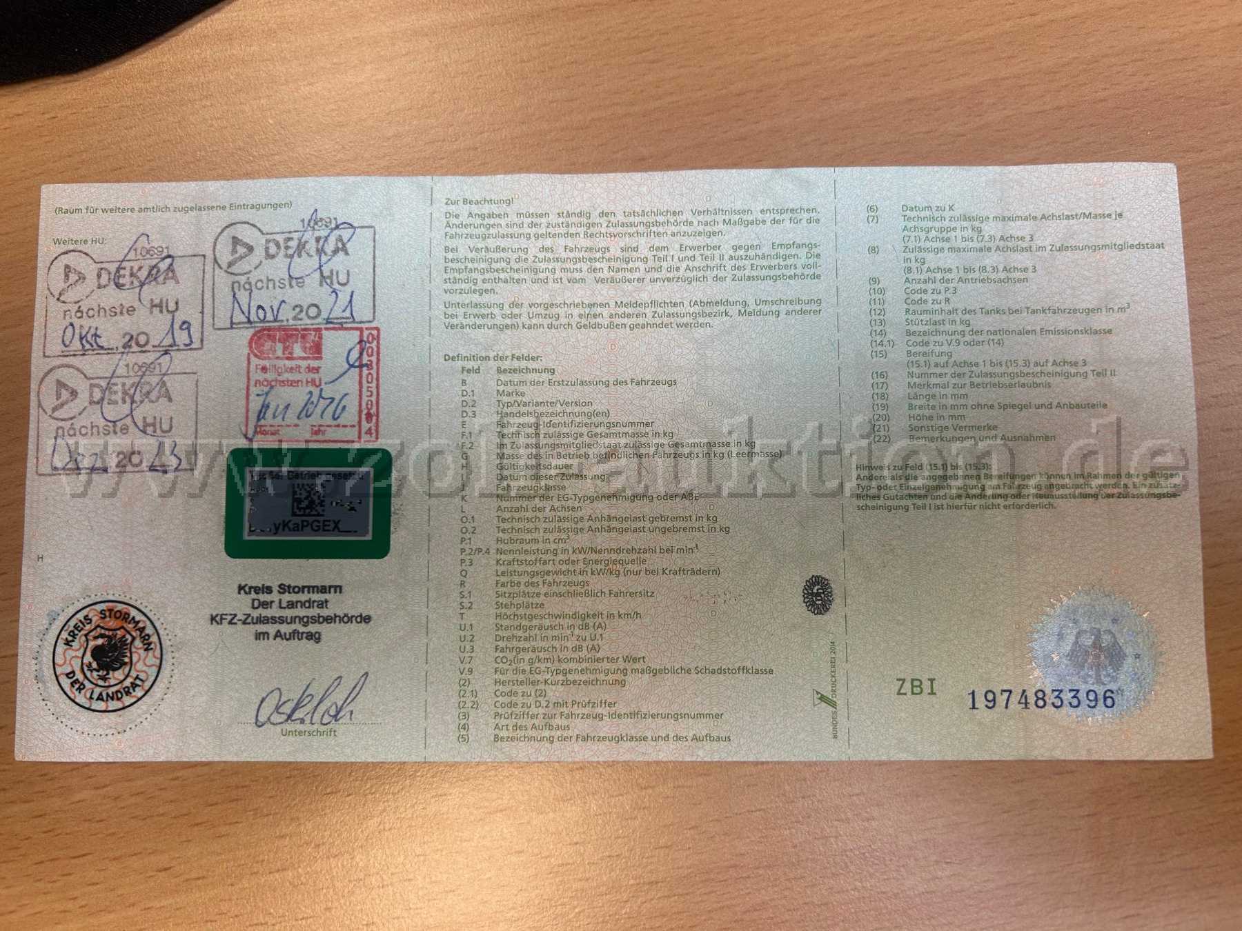 Zulassungsbescheinigung Rückseite