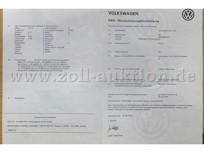 VW Polo 9n, EWG-Übereinstimmungsbescheinigung, Seite 1 Ansicht