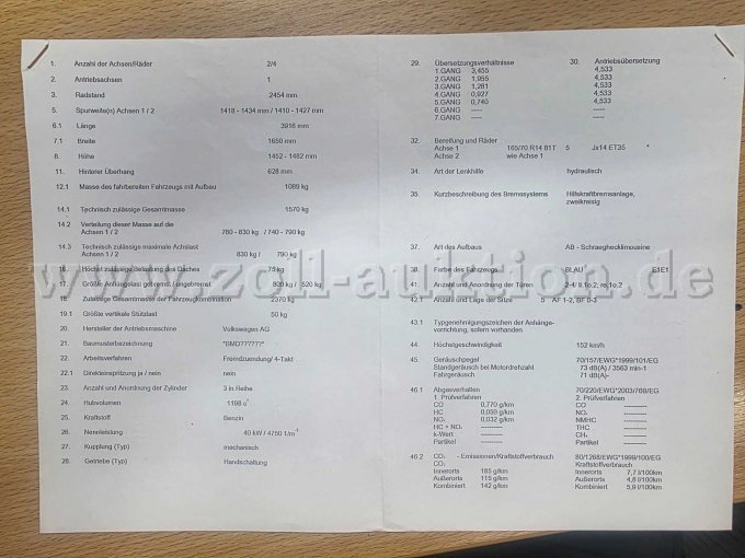 VW Polo 9n, EWG-Übereinstimmungsbescheinigung Seite 2 Ansicht