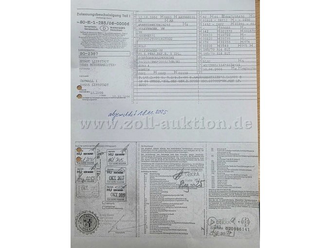 VW Polo 9n, KFZ-Schein Kopie, Seite 1 und Seite 2 Ansicht