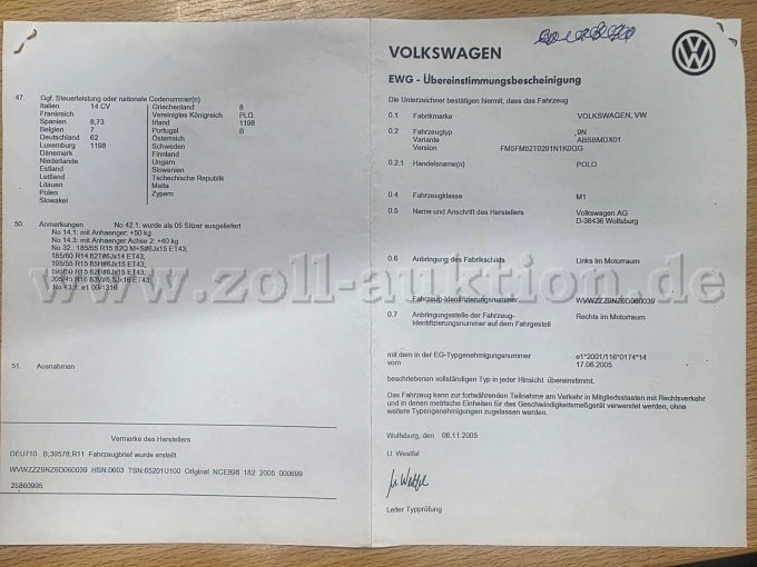 VW Polo 9n, EWG- Übereinstimmungsbescheinigung Seite 1 Ansicht