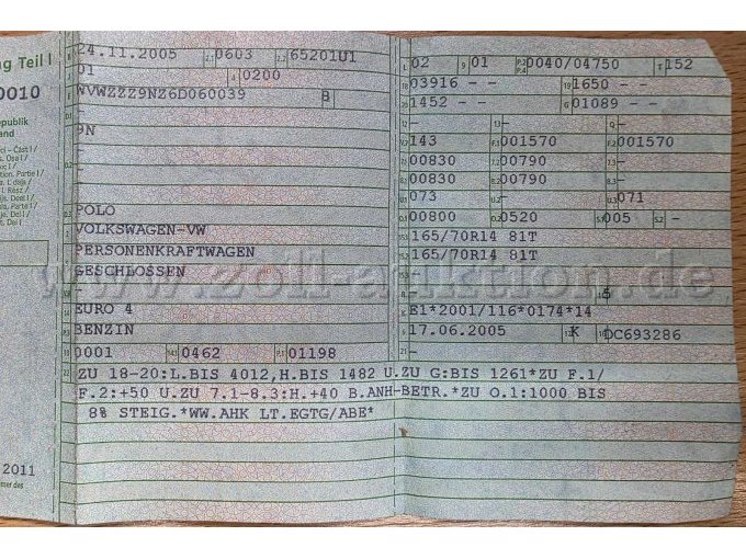 VW Polo 9n, KFZ-Schein Seite 1 Ansicht