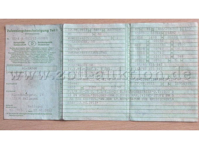 Zulassungsbescheinigung Teil I