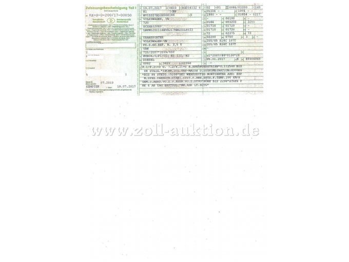 VW Transporter Kasten, Zulassungsbescheinigung Teil 1