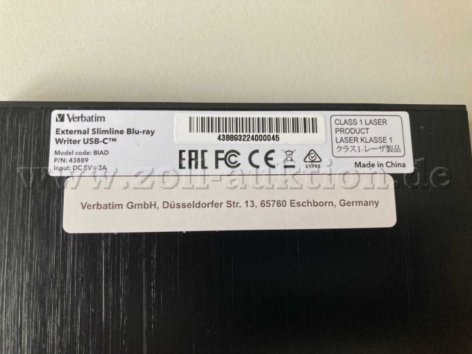 Verbatim Blu-ray Writer Rückseite mit CE-Zeichen