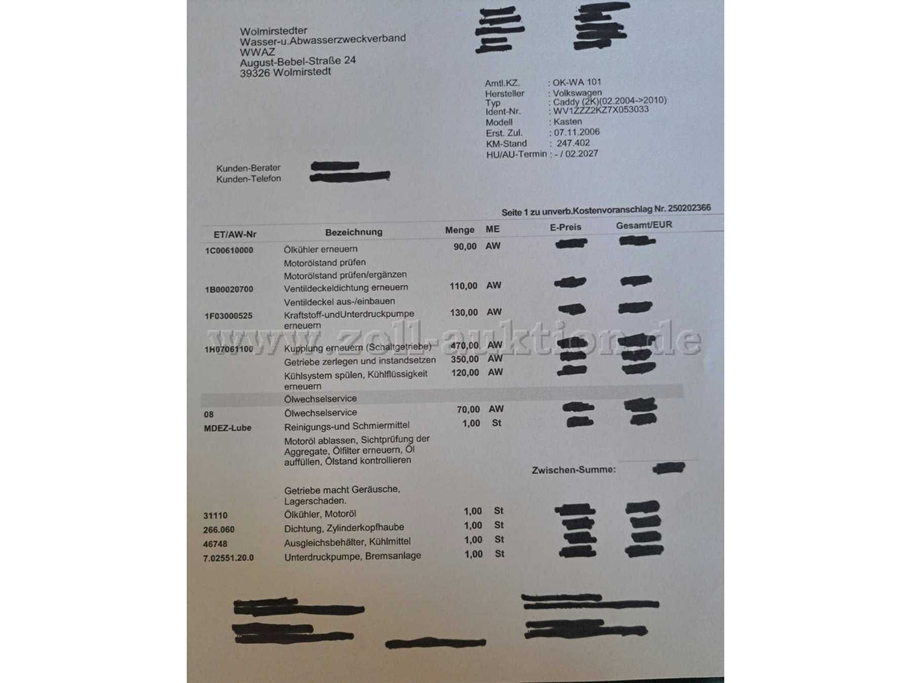 VW Caddy Mängelgutachten durch Werkstatt