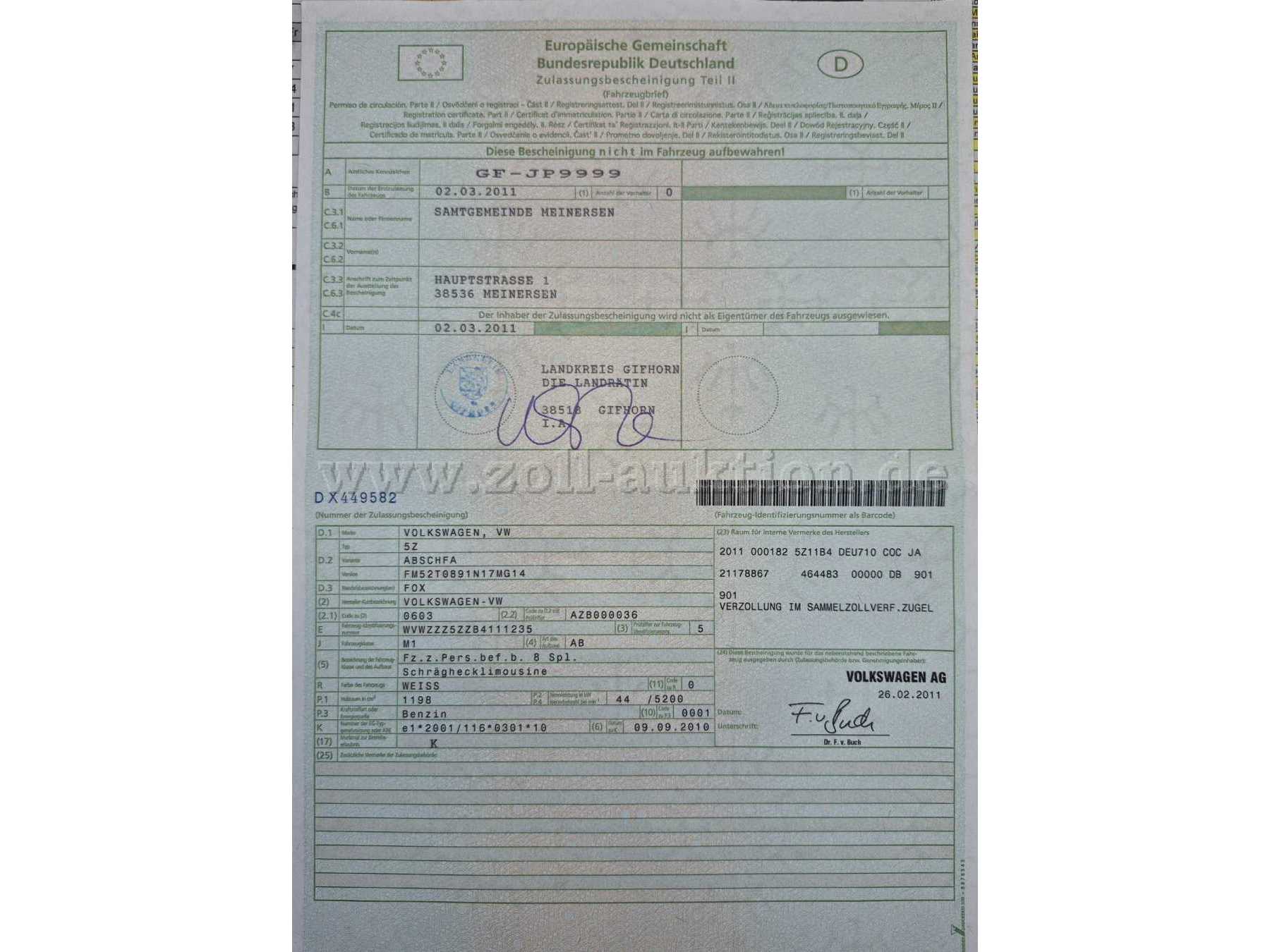 Samtgemeinde Meinersen-Fox KFZ-Brief