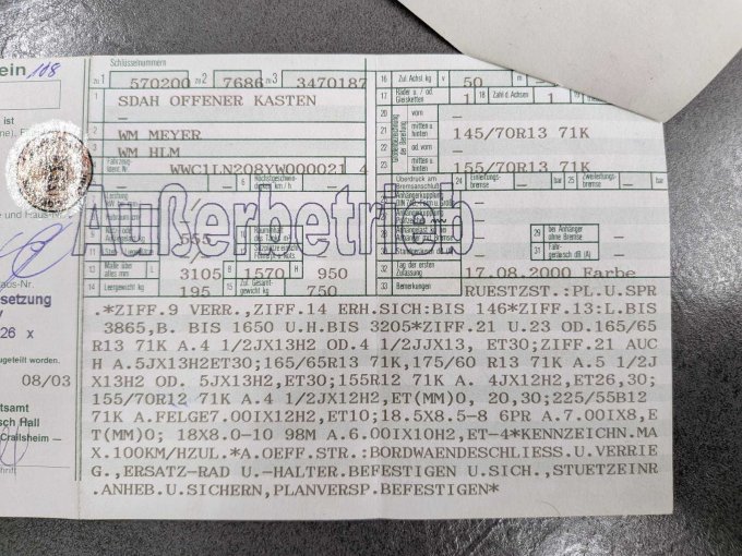 Daten lt. Fahrzeugschein