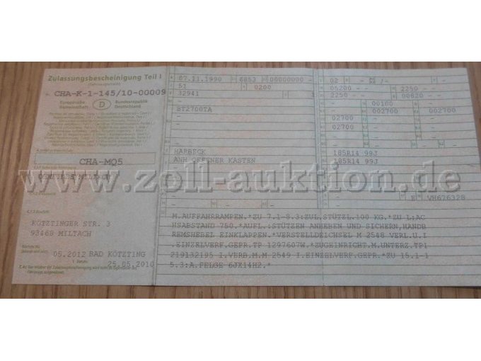 Fahrzeugschein Vorderseite