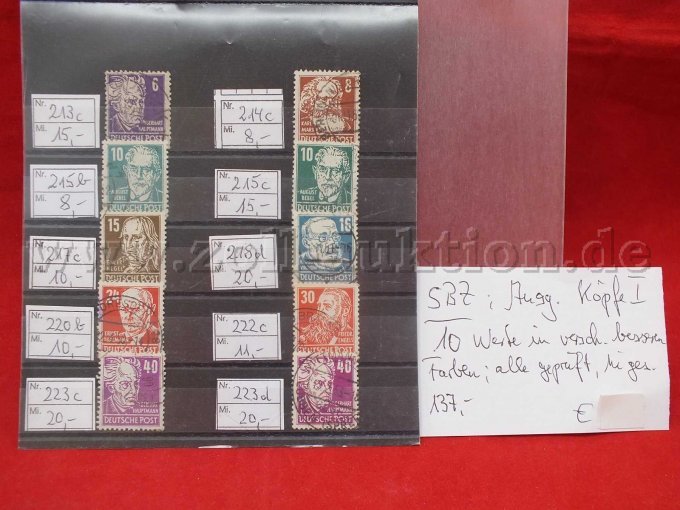 Detailaufnahme der Briefmarken
Michel Nr. 213c, 214c, 215b, 215c, 217c, 218d, 220b, 222c, 223c, und 223d