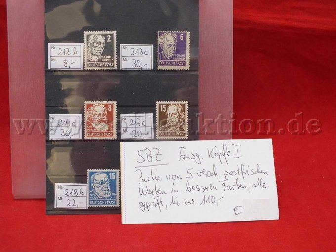 Detailaufnahme der Briefmarken
Michel Nr. 212b, 213c, 214c, 217c und 218b