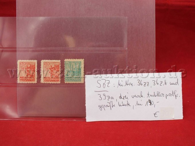 Detailaufnahme der Briefmarken
Michel Nr. 36zz, 36zb und 39za