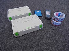 2 Boxen Festool, 1 Winkelschraubendreherset Torx Promat, 1 Sensor Bosch, 2 Rollen Tesa-Band