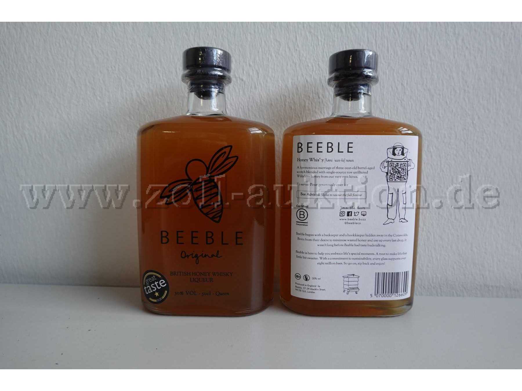 2 Flaschen British Honey Whiskey  Beeble Original 30% á 50 cl, ovp.

Hersteller: Eastcourt House, Eastcourt, Malmesbury, Wiltshire, United Kingdom, SN16 9HP