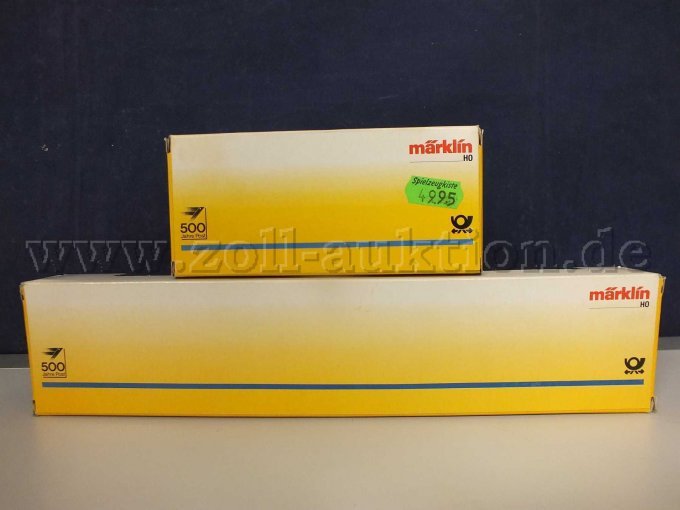 Heckansicht Märklin Sonderwagen 1x Postmuseumwagen & 1x Post-Gepäckwagen, Spur H0 in OVP