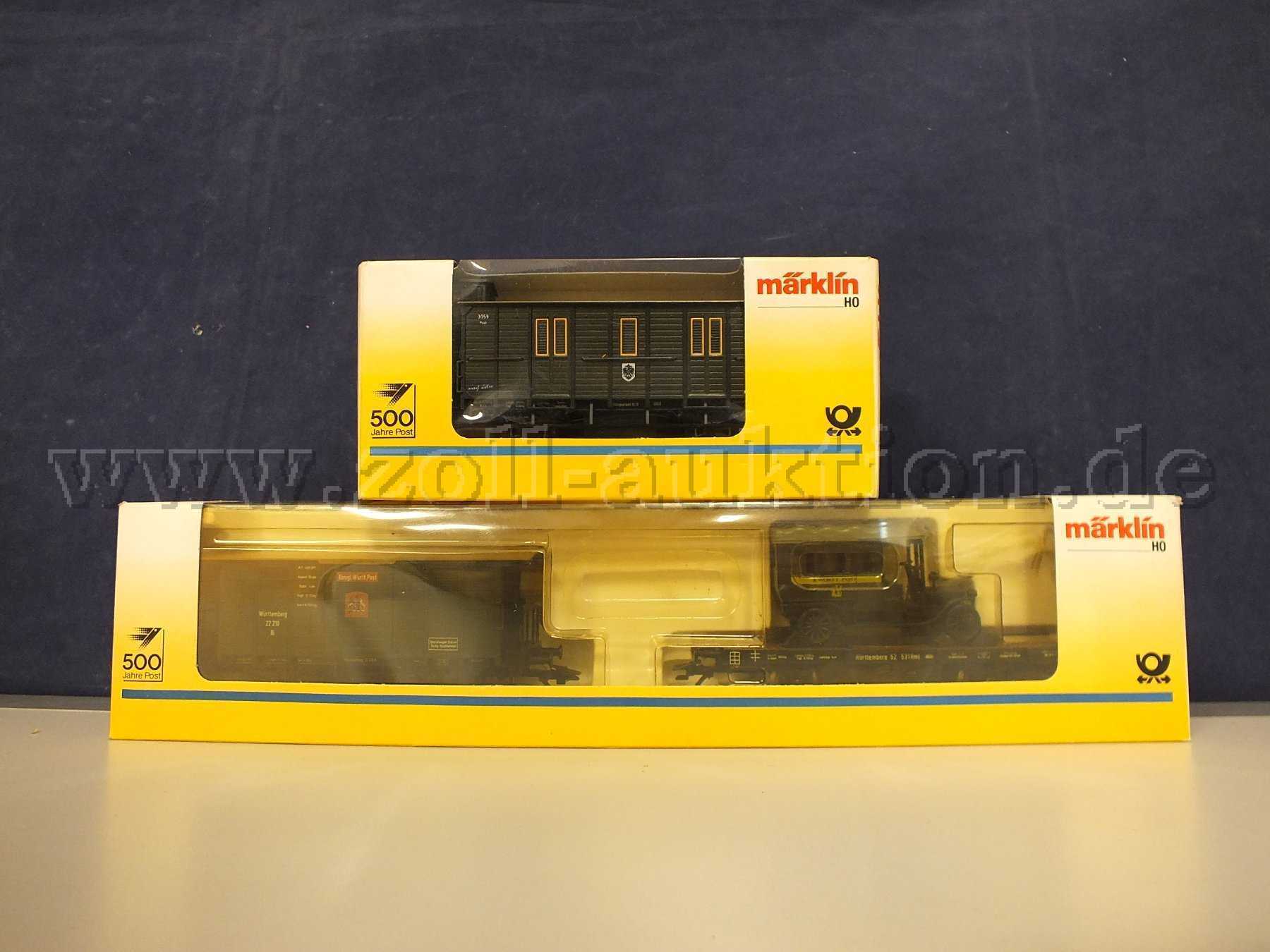 Gesamtansicht Märklin Sonderwagen 1x Postmuseumwagen & 1x Post-Gepäckwagen, Spur H0 in OVP