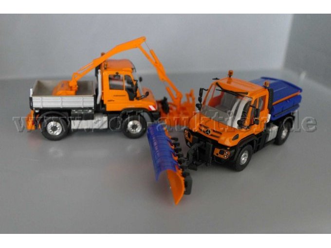 Modellfahrzeuge von Busch, Unimog Straßenmeisterei und Unimog Schneepflug, 1:87 Gesamtansicht