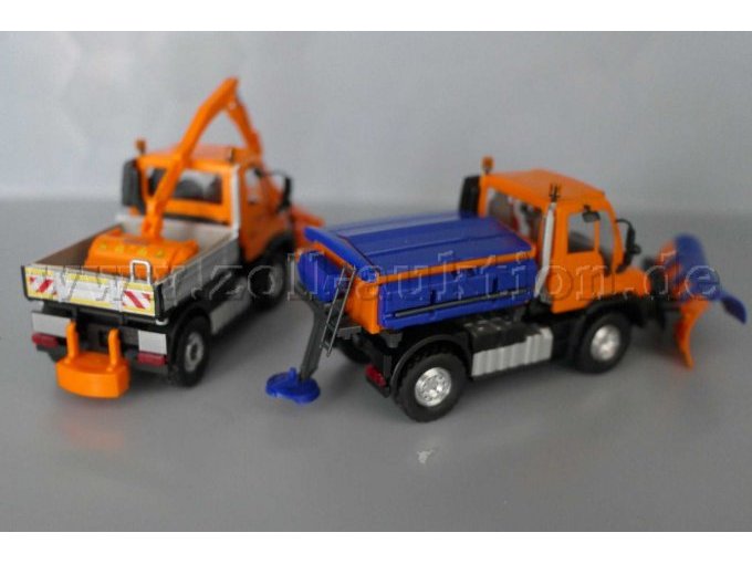 Modellfahrzeuge von Busch, Unimog Straßenmeisterei und Unimog Schneepflug, 1:87 Gesamtansicht von hinten