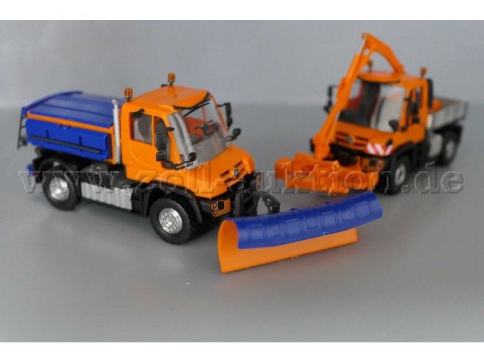Modellfahrzeuge von Busch, Unimog Straßenmeisterei und Unimog Schneepflug, 1:87 Gesamtansicht