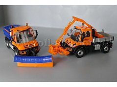 Modellfahrzeuge von Busch, Unimog Straßenmeisterei und Unimog Schneepflug, 1:87 Gesamtansicht