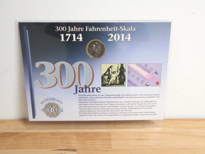 Numisblatt 300 Jahre Fahrenheit-Skala mit Erläuterung