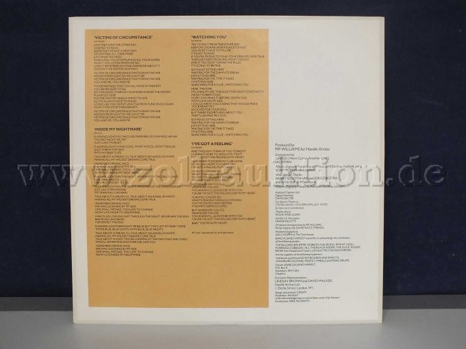 Detailaufnahme der Schutzhülle zur LP "Victims Of Circumstance" Rückseite