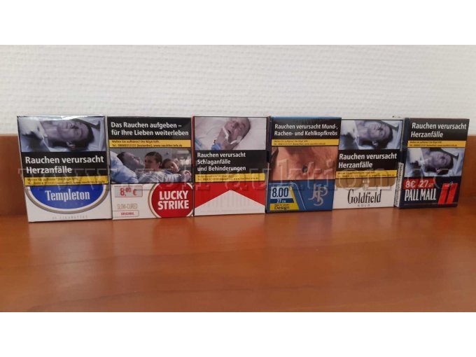 Konvolutbild bestehen aus den Zigarettenmarken Templeton, Lucky Strike, Marlboro, JPS, Goldfield Gold und PALL MALL