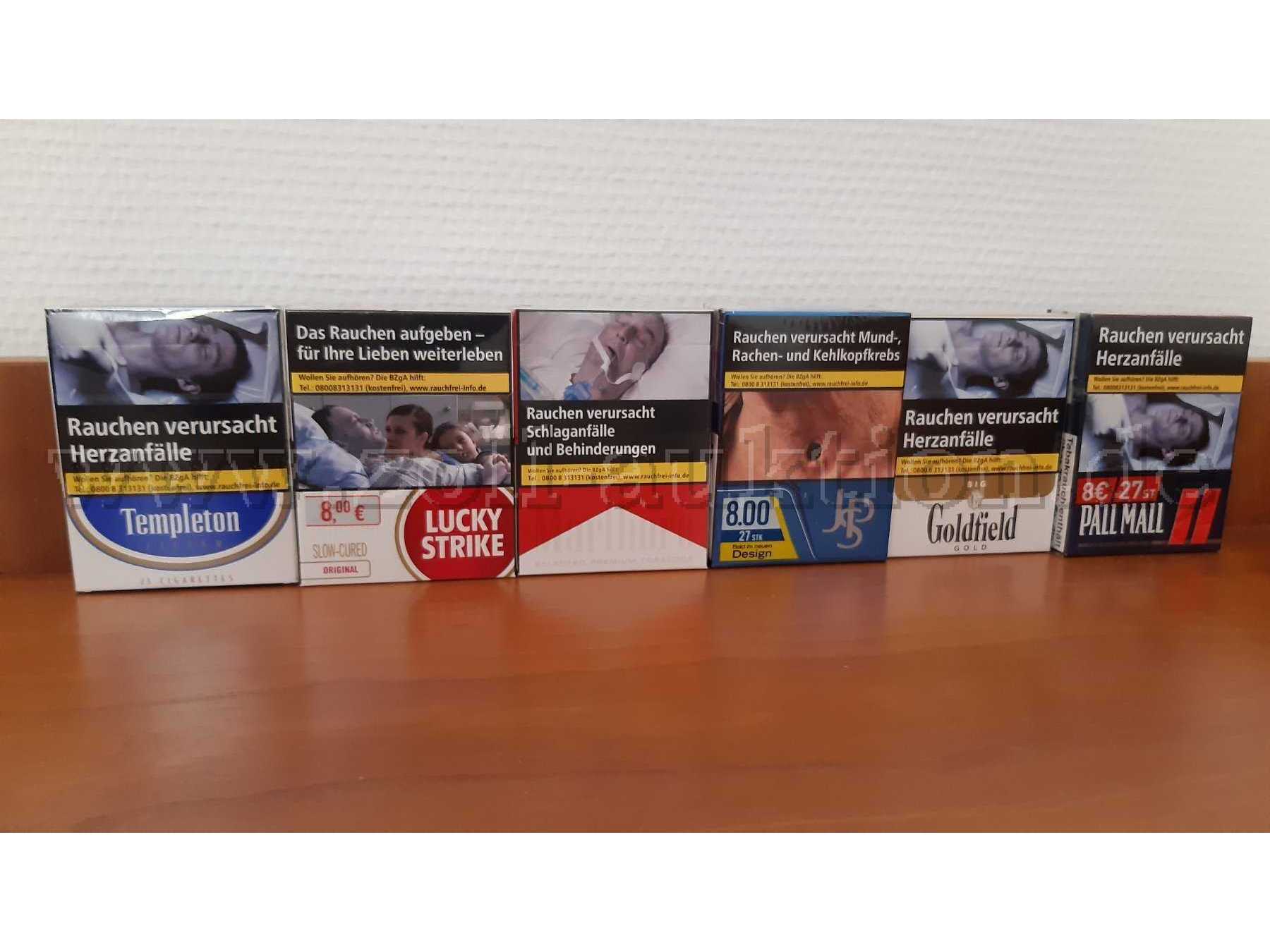 Konvolutbild bestehen aus den Zigarettenmarken Templeton, Lucky Strike, Marlboro, JPS, Goldfield Gold und PALL MALL