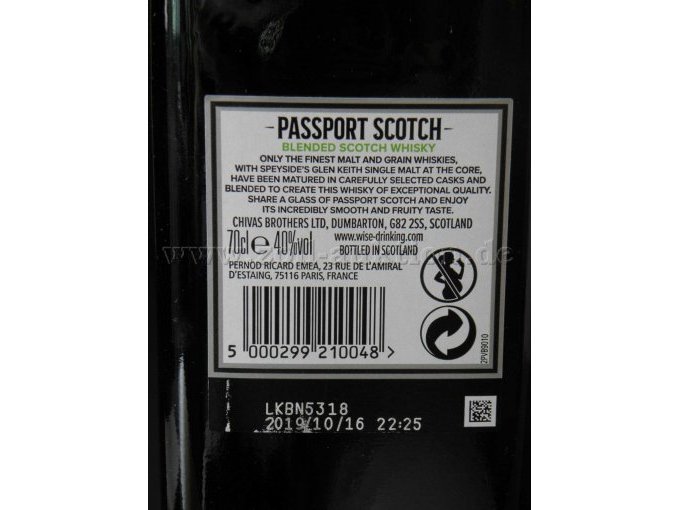 Passport Scotch Blended Scotch Whisky (0,7 Liter, 40% Vol.)Label Rückseite