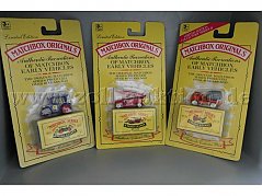 Matchbox Originals Authentic Nr.1 Traktor, Nr.9 Feuerwehr, Nr.26 Mischer Gesamtansicht von vorne