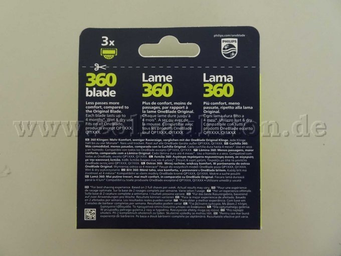 Detailansicht Philips One Blade 360
Rasierklingen mit jeweils 3 Klingen - Rückseite