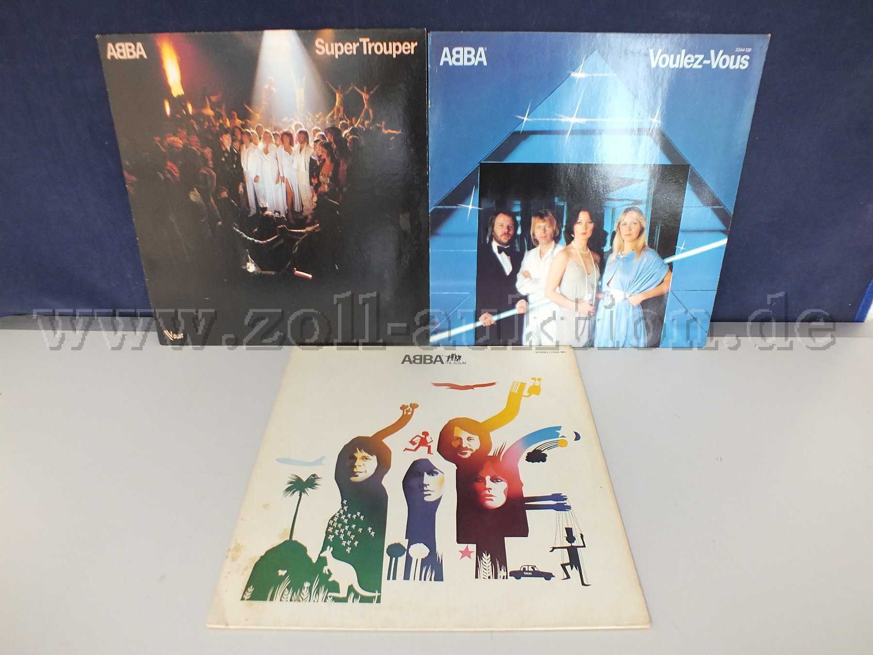 Gesamtansicht der LPs Super Trouper,Voulez-Vous und The Album mit Beschädigungen.