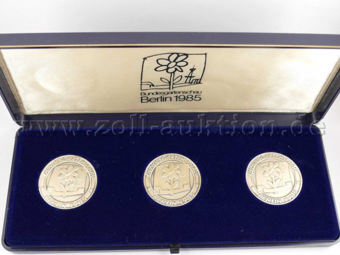 3 Silbermedaillen (1000er) der Bundesgartenschau Berlin 1985, im Etui, Rückseite