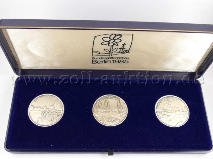 3 Silbermedaillen (1000er) der Bundesgartenschau Berlin 1985, im Etui, Vorderseite