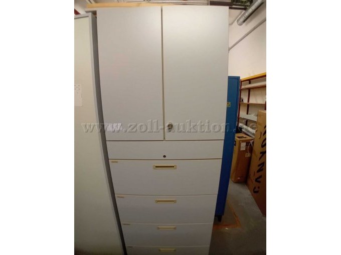 Hängeregistraturschrank mit einer Kombination aus Stauraum und Hängeregistraturschubladen. Ist abschließbar, jedoch fehlt der Schlüssel.