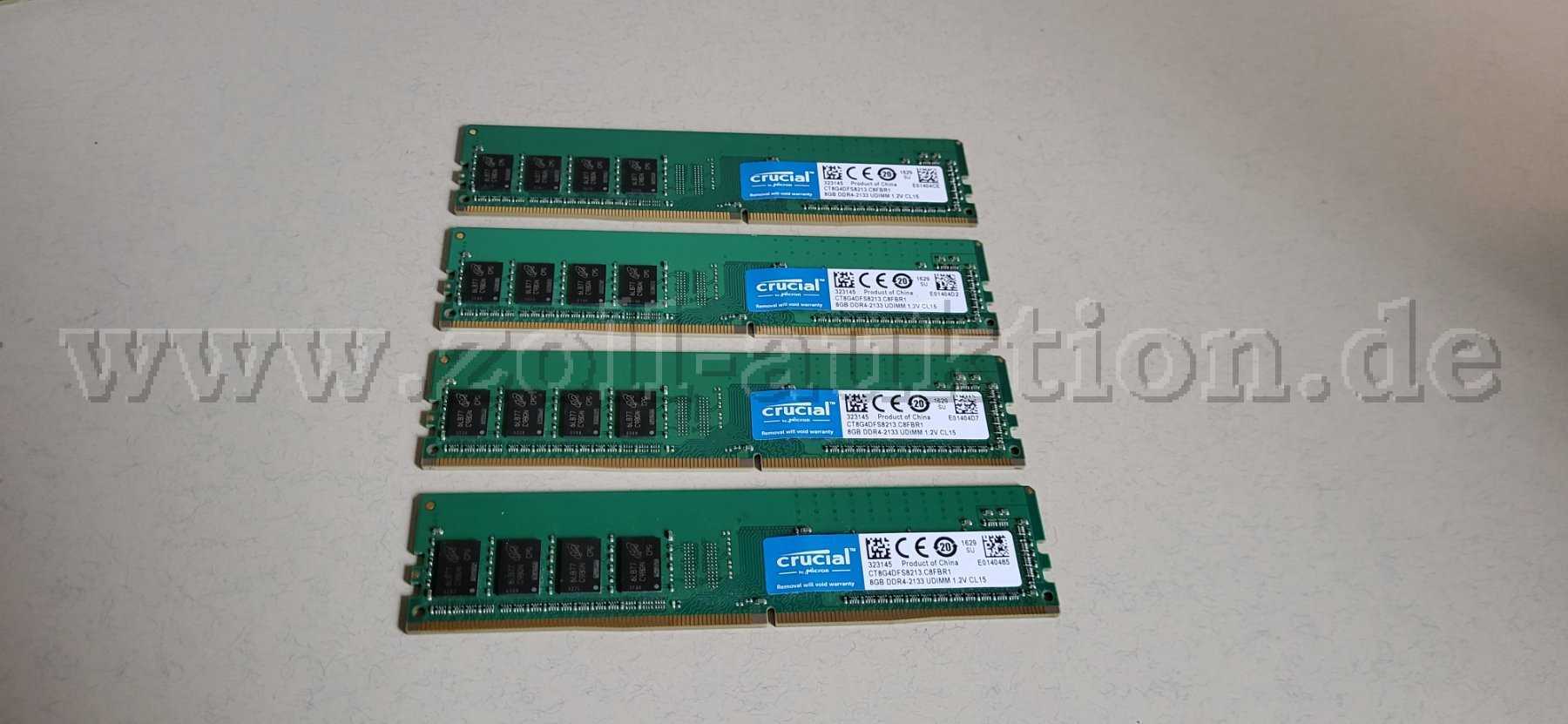 4 Crucial DDR4 PC4-17000 RAM modules 8 GB each, total 32 GB