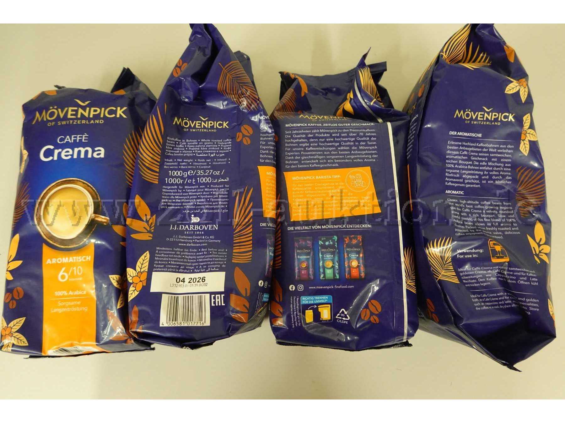 4 Kaffeebeutel á 1 Kg Mövenpick Caffe Crema Kaffeebohnen, ovp. 
MHD 04/2026