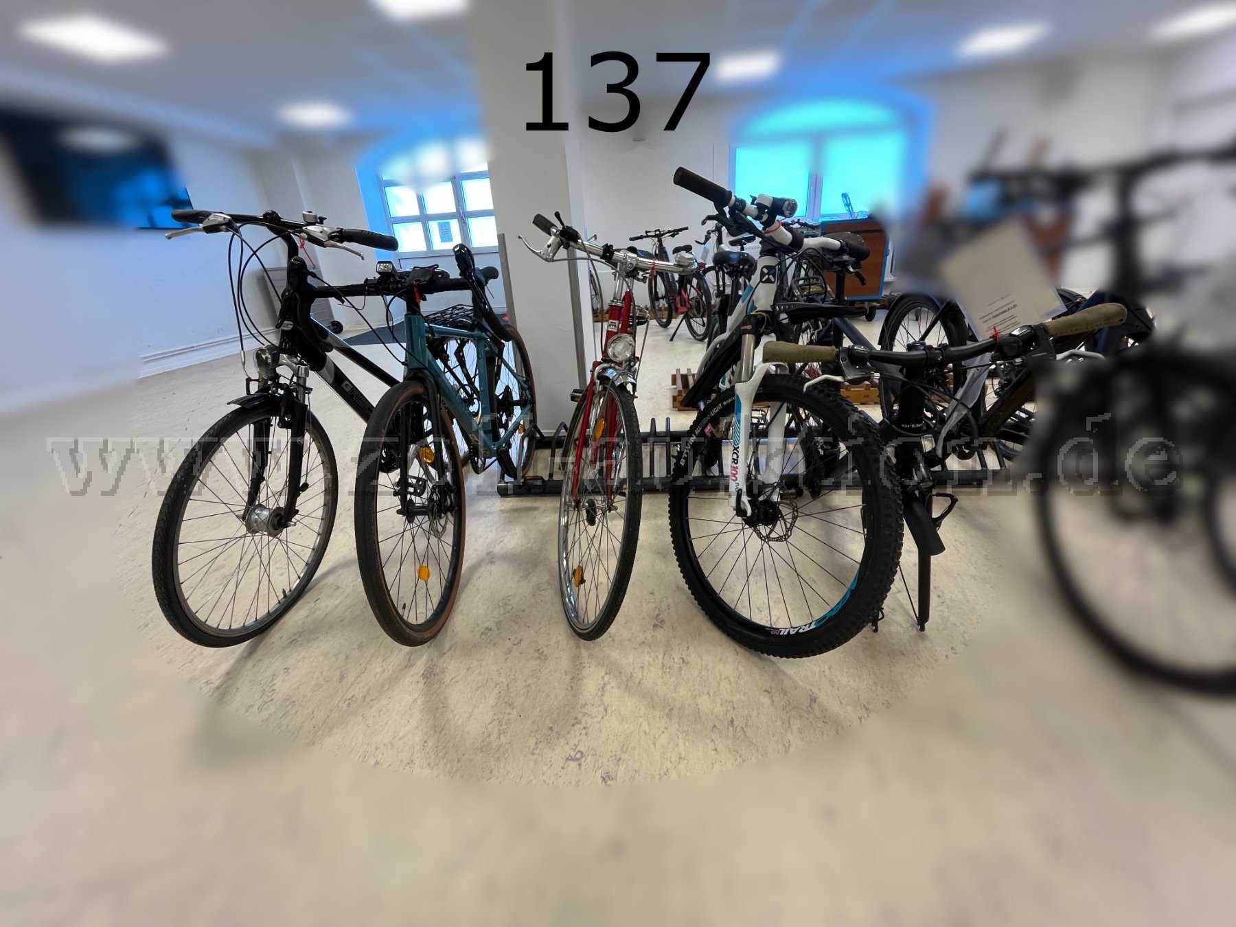 Konvolut Fahrräder (links nach rechts) Trekking-Rad, Gravelbike, Damenrad, Mountainbike und Tourenrad.