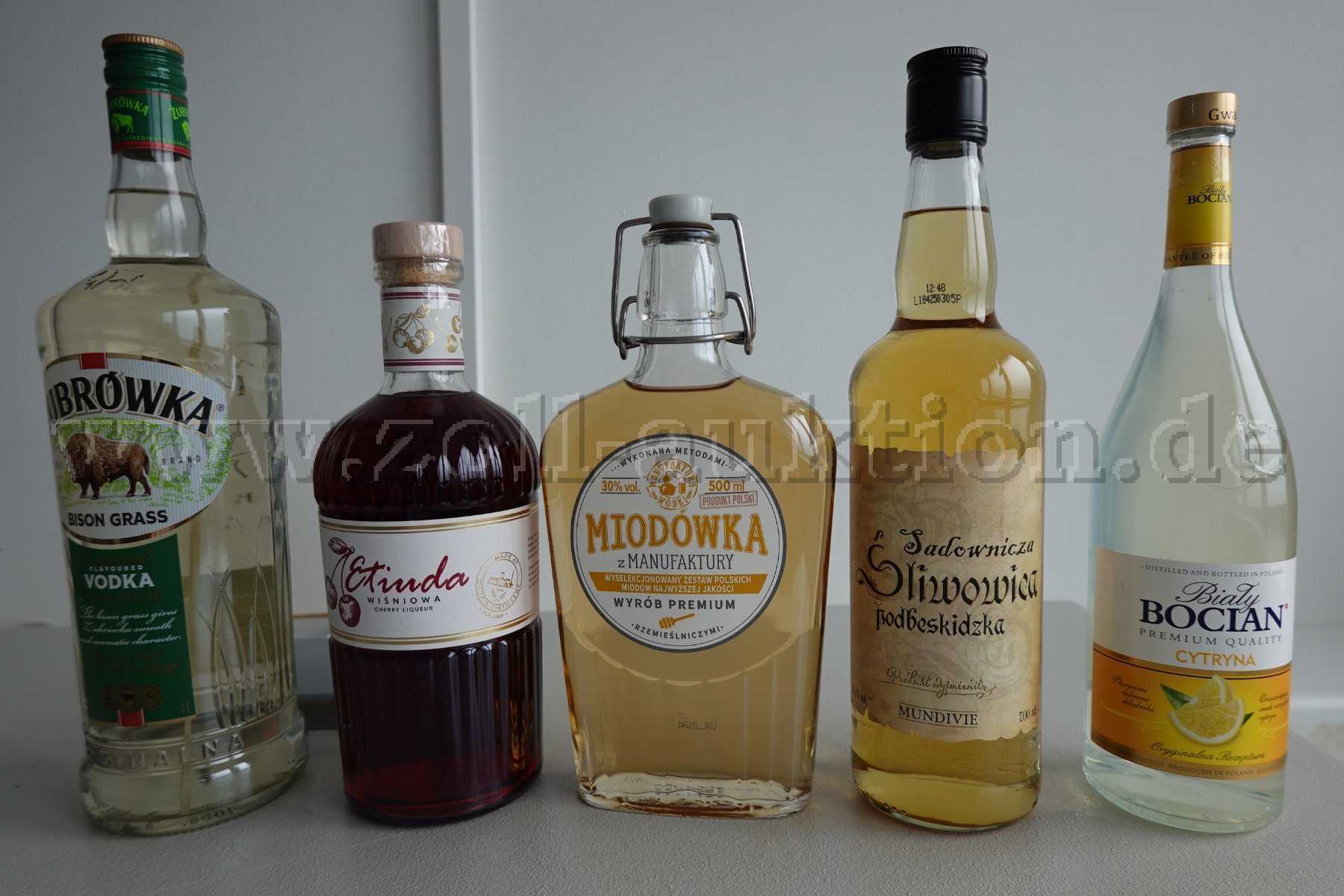 5 Fl. (1x Bialy Bocian Cytryna 285,1x Zubrowka,1x Sliwowica,1x Miodowka,1xEtiuada)